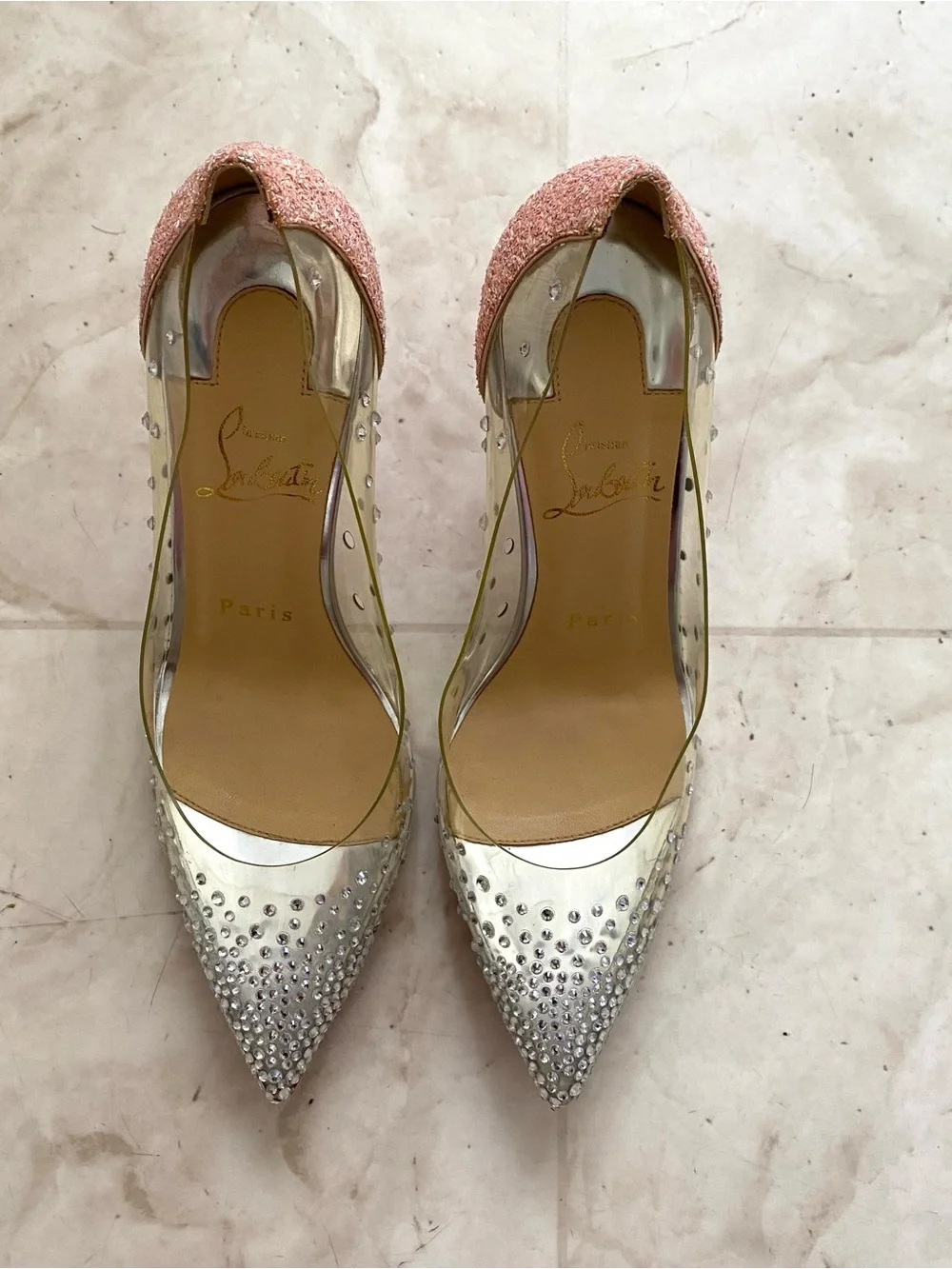 $1495 Christian Louboutin Degrastrass PVC Crystal Pink Glitter Pumps Heels 6/36